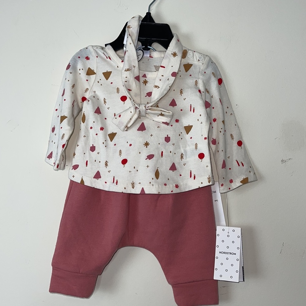 Nordstrom Star Long Sleeve Top, Pants & Headband Set Ivory Winter- Pink, Size 3M - Picture 2 of 5